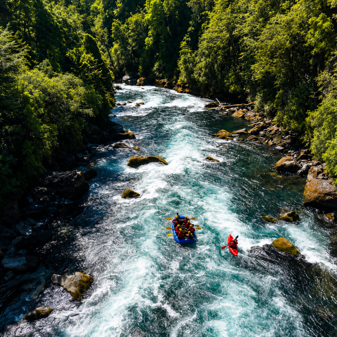 Vista aérea de una embarcación realizando rafting en el río Fuy rodeado de bosque nativo.