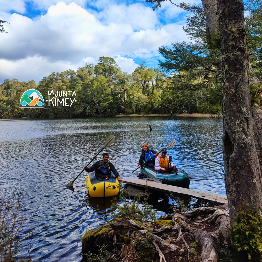 Grupo de visitantes en kayak llegando a la orilla de una laguna rodeada de bosque nativo durante una experiencia con La Junta Kimey.