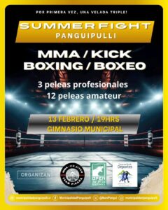Afiche promocional del evento Summer Fight Panguipulli con velada de MMA, kickboxing y boxeo, realizado el 13 de febrero a las 19:00 horas en el Gimnasio Municipal.