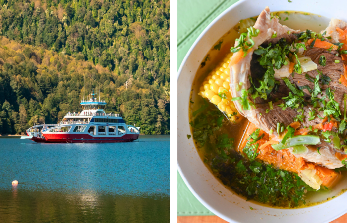 Barcaza navegando en lago rodeado de bosque y plato típico chileno con carne, verduras y caldo