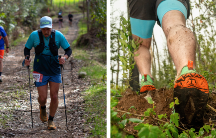 Corredores de trail running en sendero de bosque nativo en Panguipulli y primer plano de zapatillas avanzando en terreno de tierra