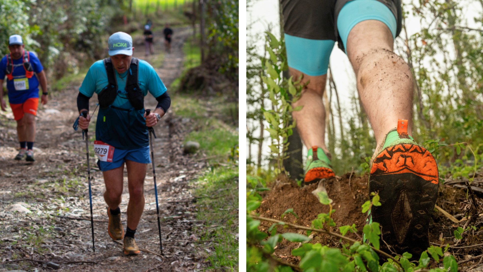 Corredores de trail running en sendero de bosque nativo en Panguipulli y primer plano de zapatillas avanzando en terreno de tierra
